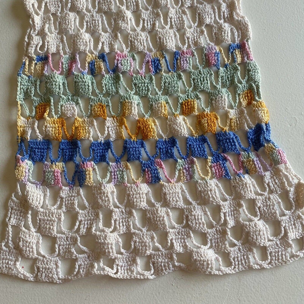 Vintage Crochet Table Runner Scarf Dresser cream blues greens yellows